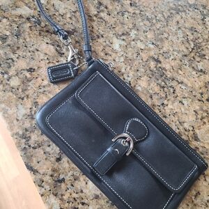 Coach Black Leather Wristlet with Silver Accents